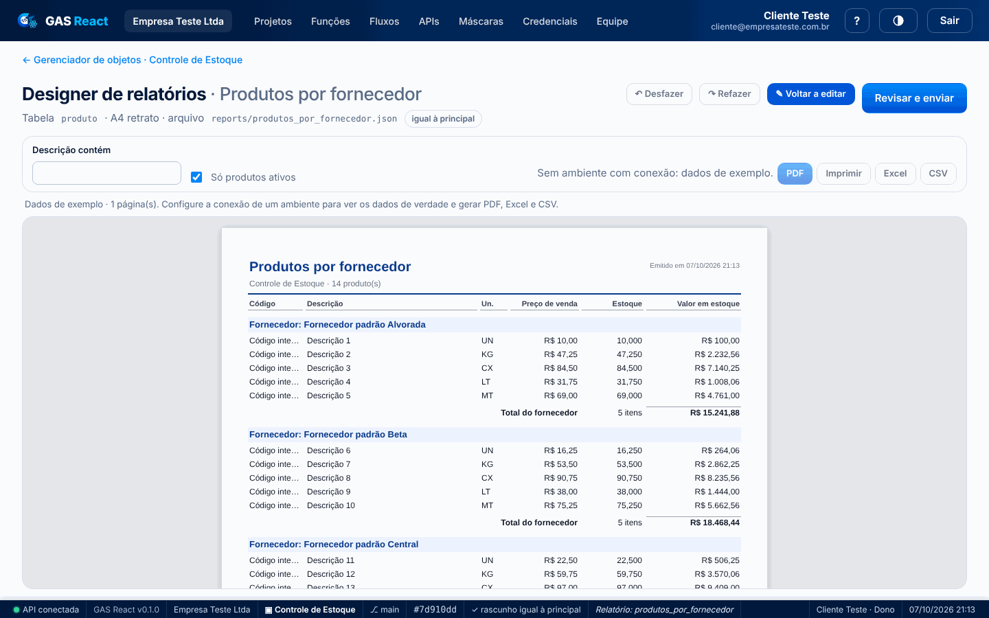 Pré-visualização do relatório com as páginas prontas e os botões PDF, Imprimir, Excel e CSV