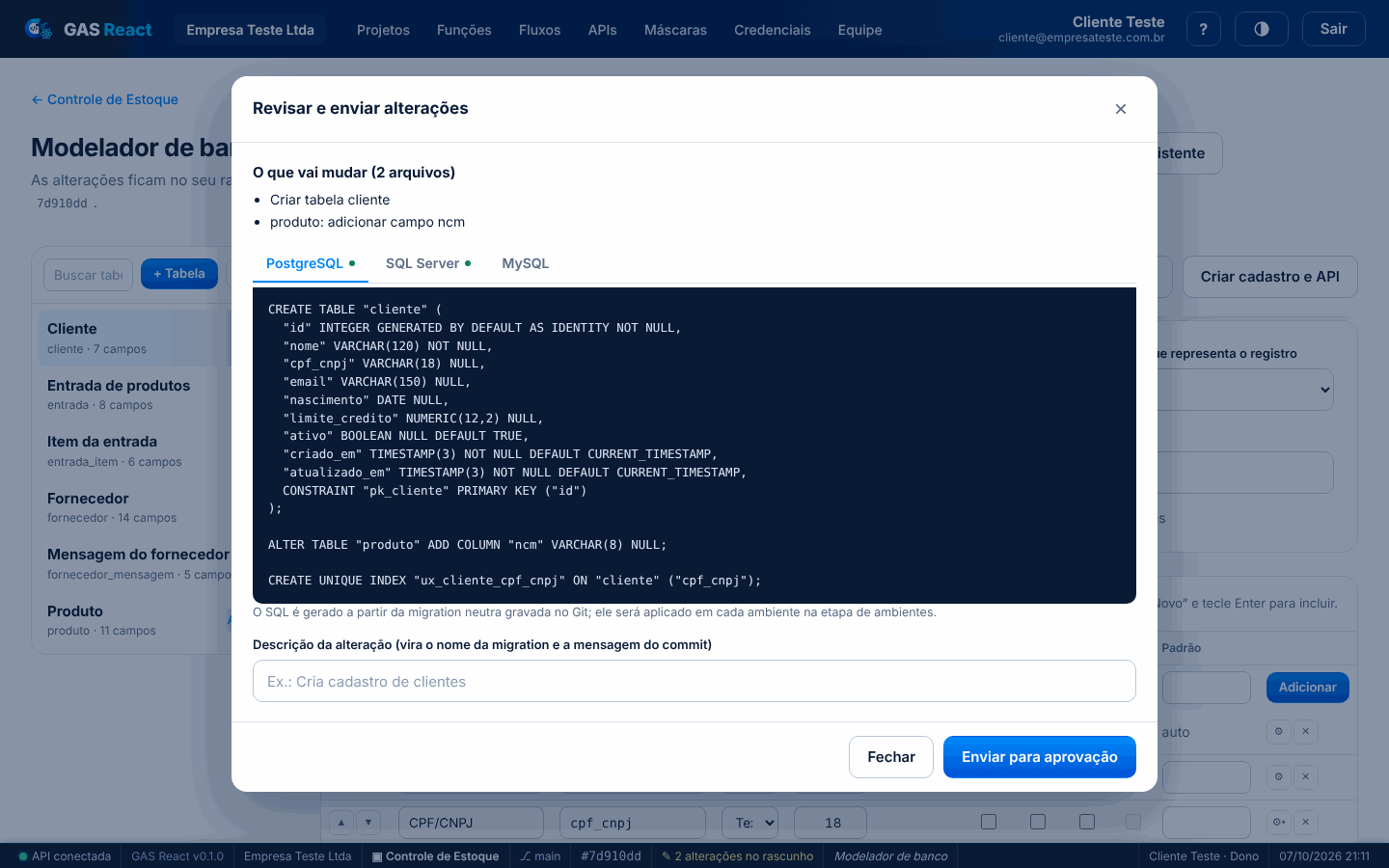 Revisar e enviar: arquivos alterados e o SQL da migration